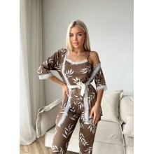 Домашний костюм  3 в 1  Штаны Майка  Халат размер L - XL Шоколад  (V 03759 )